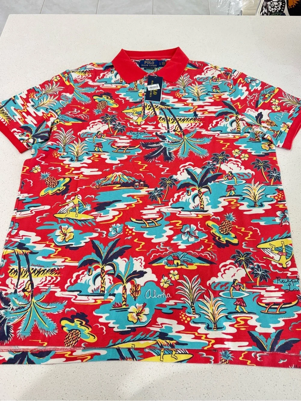 NWT Polo Ralph Lauren Aloha Tropical Print Polo Shirt Red Men’s L Classic Fit - Picture 9 of 12